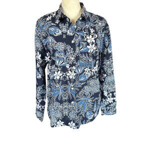Jaclyn Smith blue and white floral long sleeve collared button down shirt small